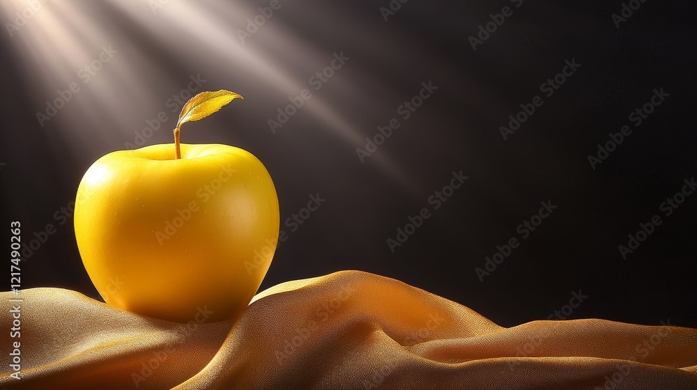 Aufkleber a bright yellow apple with a leaf resting on a soft satin fabric illuminated by gentle rays of light