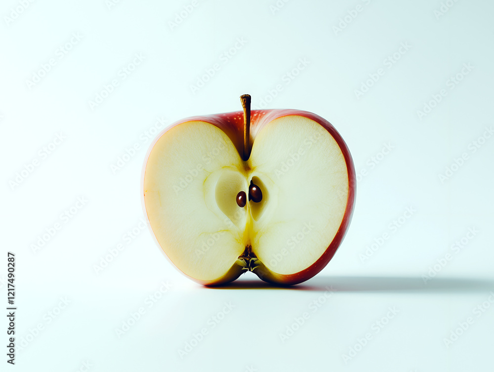 Poster half a red apple sliced open revealing its core and seeds against a clean backdrop, showcasing natur