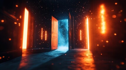 Open door is emanating a bright blue light, leading to another dimension, surrounded by other closed doors with orange lights and particles floating in the air
