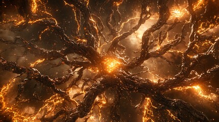 Fiery roots network, glowing core, dark sky, fantasy art, game design