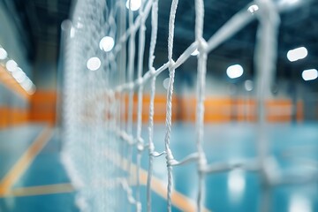 A modern indoor soccer goal with a durable net and adjustable width, displayed close-up on a clean surface
