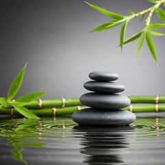 Obraz premium Tranquil Zen Stones with Bamboo Leaves on Reflective Water