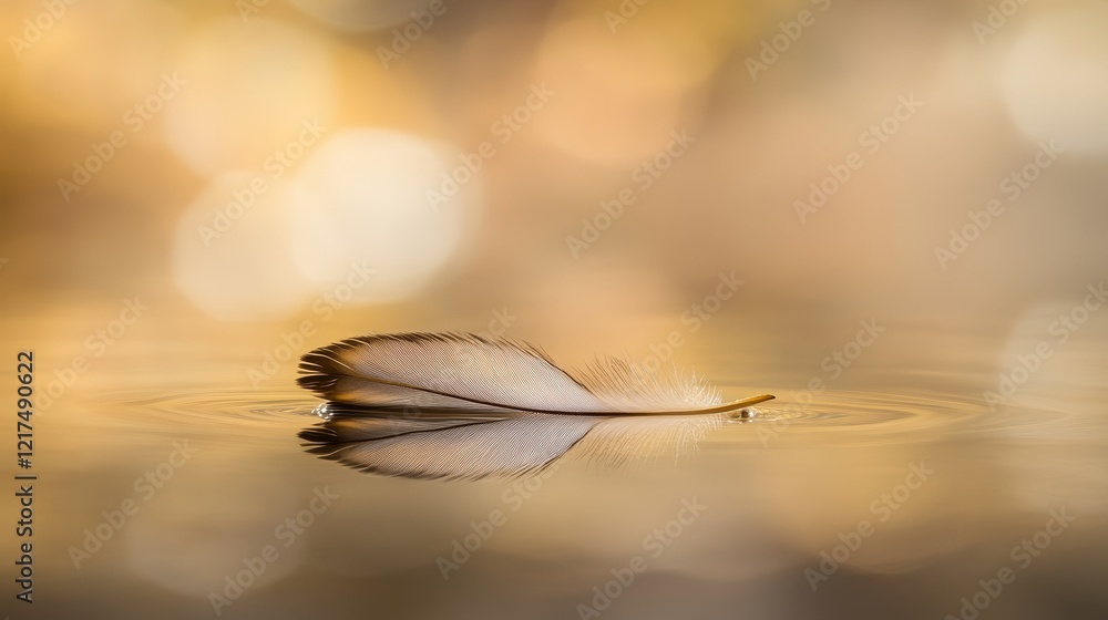 Poster a delicate feather gently floating on calm water with soft blurred bokeh background creating an ethe