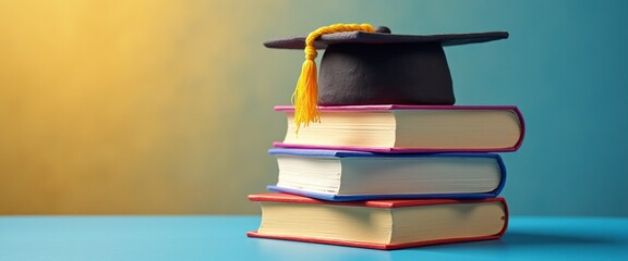 A classic graduation cap sits atop a vibrant stack of books, symbolizing achievement and the pursuit of knowledge. The warm gradient background enhances the celebratory mood, inviting viewers to