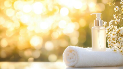 Serene beauty setup with lotion, towel, and flowers against a dreamy sunlight background, perfect for relaxation and spa themes.