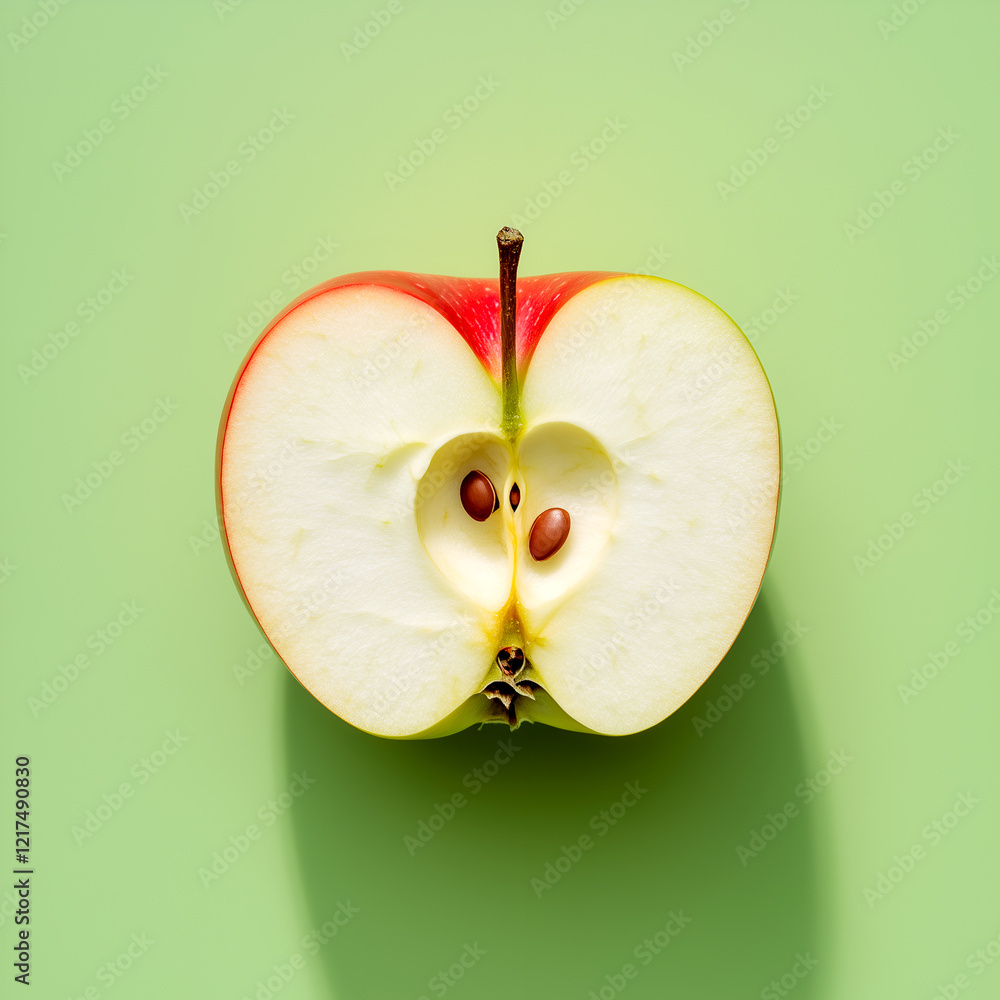 Aufkleber half a red apple cross-section on a green background showing seeds and texture in detail with a subt