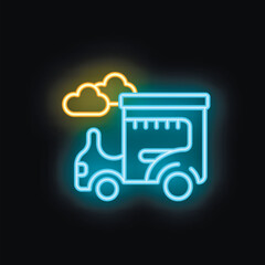 Neon sign of a delivery truck delivering a package with clouds in the background, representing the concept of fast shipping