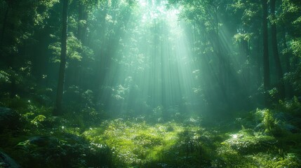 Obraz premium A serene forest scene with sunlight filtering through lush greenery.