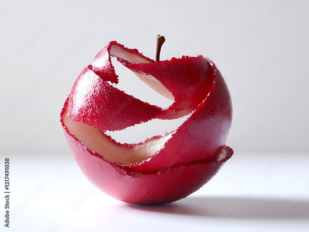 Poster red apple with peel spiraling around it, creating a dynamic and artistic visual of a fruit with a cl