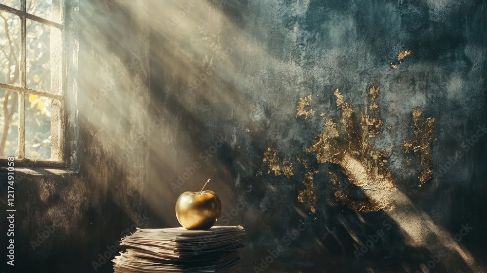 Poster A Glowing Green Apple on a Stack of Old Papers Illuminated by Soft Rays of Sunlight Streaming Through a Rustic Window in an Abandoned Space