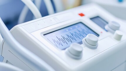 A detailed close-up of a medical device, such as an ECG monitor or defibrillator, with a clean