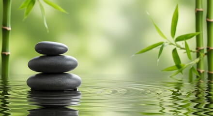Fototapeta premium Tranquil Zen Stones with Bamboo Leaves on Reflective Water