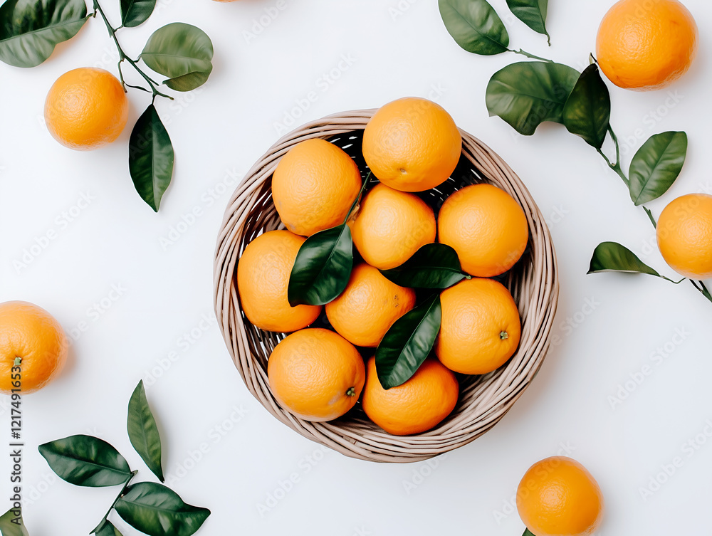 Poster fresh oranges in a wicker basket surrounded by green leaves on a bright background creating a vibran
