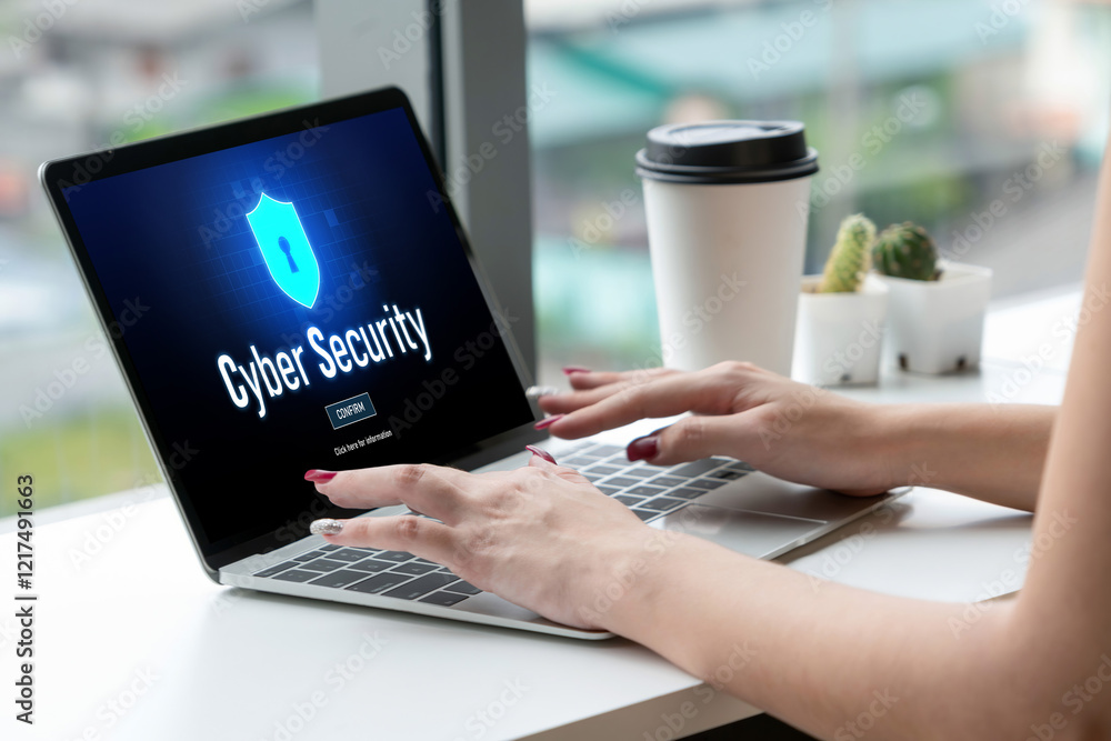 Poster cyber security system on computer screen protect private information snugly from hacker and cyber at