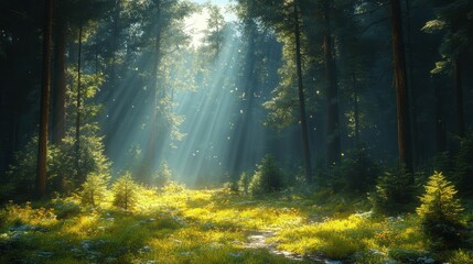 Obraz premium Sunlight filtering through trees in a serene forest setting.