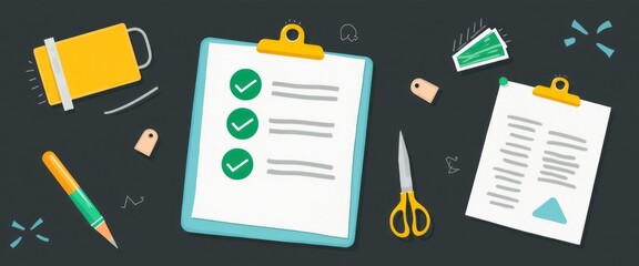 An artistic arrangement of colorful stationery items, including checklists, scissors, and a pen, creates an inspiring workspace atmosphere. This vibrant scene captures the essence of productivity and