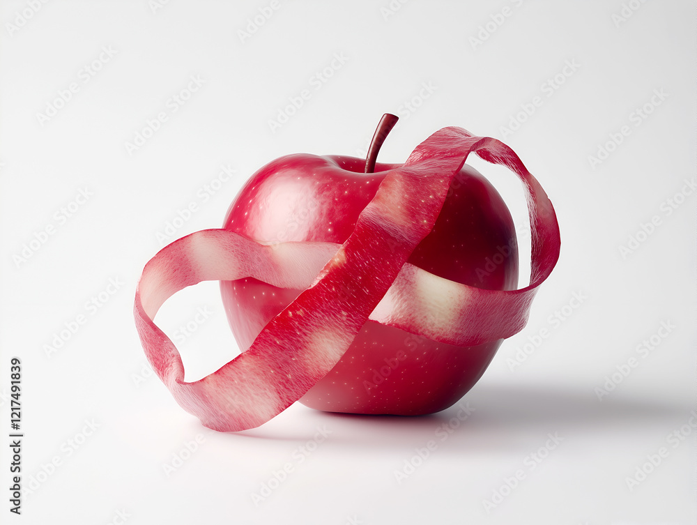Poster red apple with peel spiraling around it against a light background, creating a visually appealing an