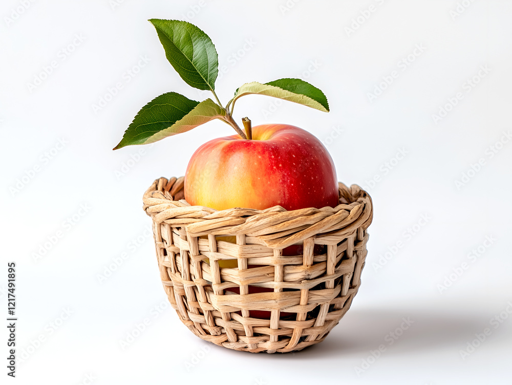 Poster single red apple in a small woven basket with green leaves against a minimal backdrop creating a sim