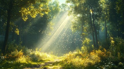 A serene forest scene with sunlight filtering through trees and flowers.