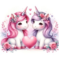 Naklejka premium Lovely Unicorn Couple: Two adorable unicorns with pink and purple manes, adorned with flowers, sit side-by-side with a large pink heart between them.