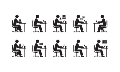 Office Work Icons Businessman at Desk with Laptop, Coffee, and Messaging