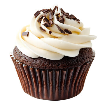 Chocolate cupcake with icing and a cherry on a white background