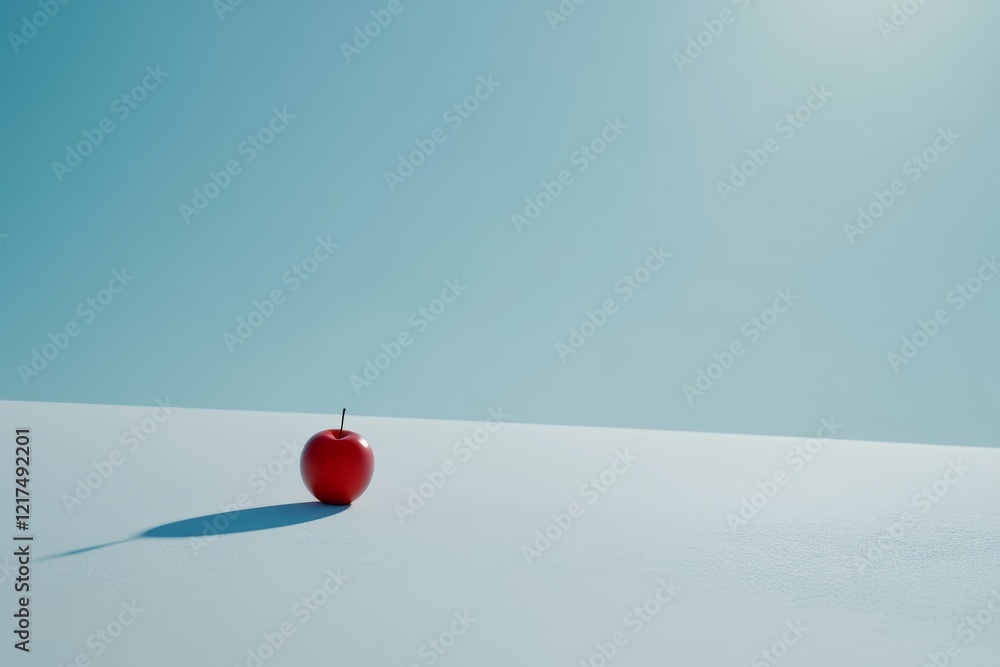 Poster a single red apple on a minimalist white surface under a clear blue sky creating a contrasting visua