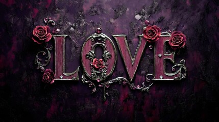 Gothic styled "LOVE" text with ornate silver metallic frames and deep red roses against dark purple textured background with dramatic lighting effects. Generative AI