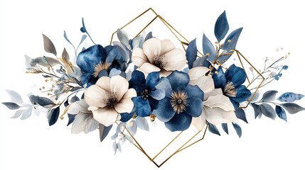 Blue floral arrangement, geometric frame, white background, wedding invitation