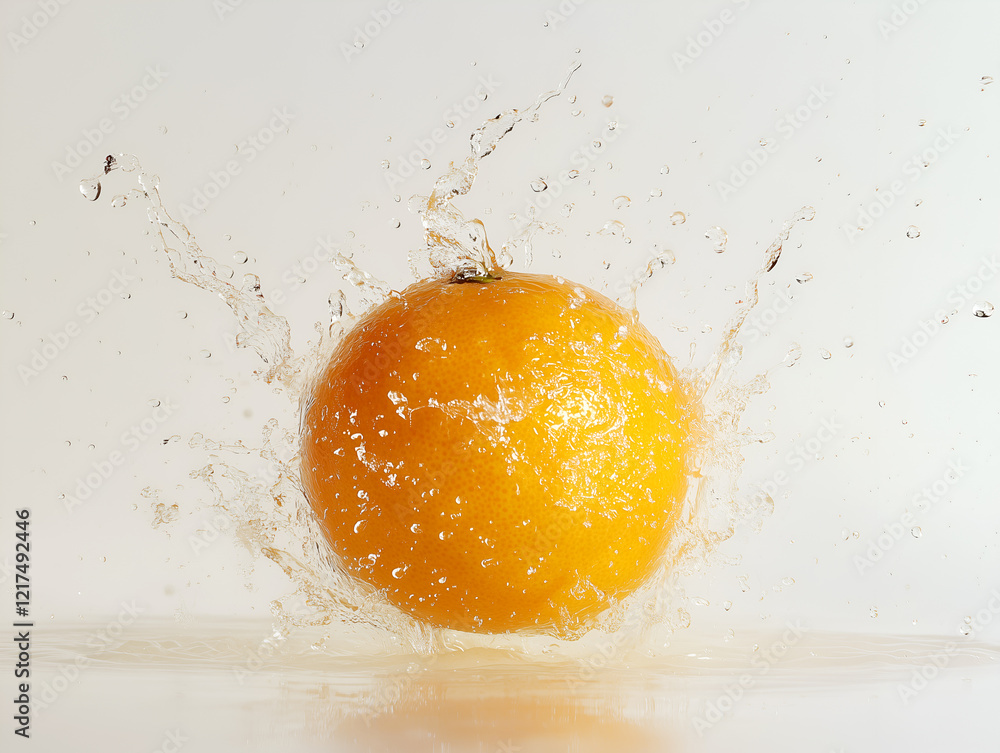 Poster a single juicy orange submerged in water with a burst of water droplets creating a dynamic and refre
