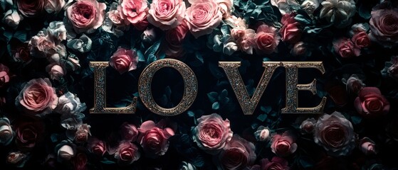 Luxurious gold glitter "LOVE" text with vintage pink roses and dark teal foliage creating dramatic moody composition on black background. Generative AI