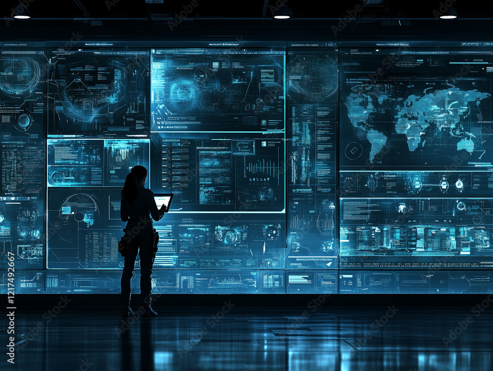 Poster woman analyzing data in high tech environment with digital screens displaying information. atmospher