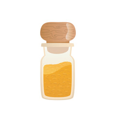 Curry spice in bottle in flat design. Aromatic yellow powder condiment. Vector illustration isolated.