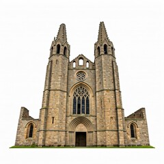 Fototapeta premium Photo of an old, ruined Gothic stone church, decayed and weathered, isolated on a white background