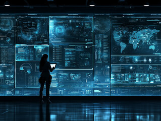woman analyzing data in high tech environment with digital screens displaying information. atmosphere is focused and futuristic, highlighting data science and technology