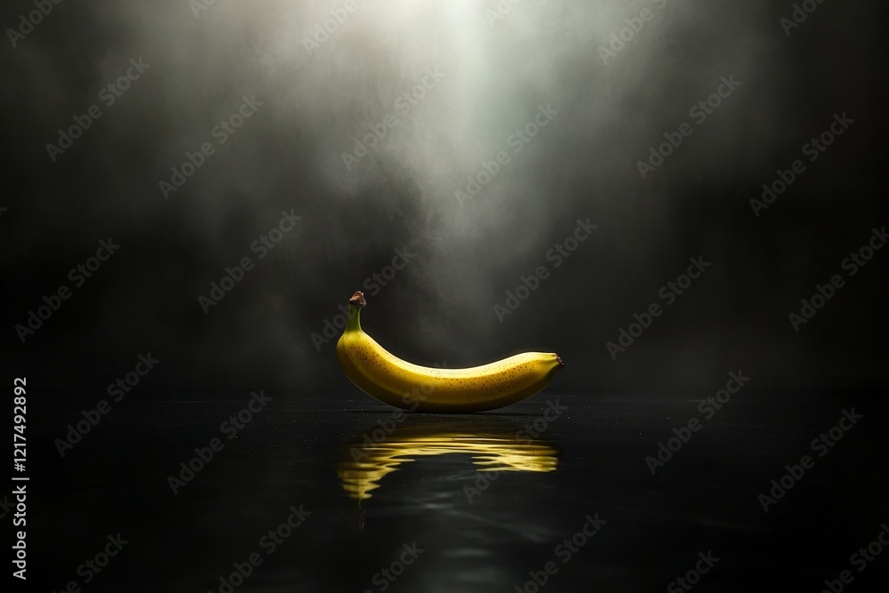 Aufkleber a single yellow banana isolated on a dark reflective surface with dramatic lighting and soft fog, cr