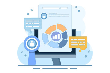 Marketing analysis and development concept. Participate in business activities. Magnifying glass, zoom, customer reviews. Know your customers. Business statistics graph.flat vector illustration.