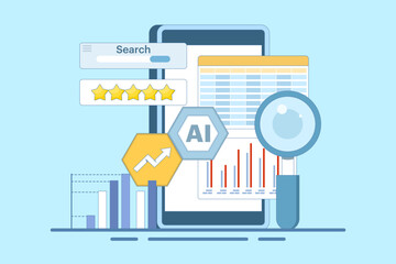 Fototapeta premium AI Competitor Analysis Concept for SEO. Use AI tools to analyze competitor SEO strategies and identify opportunities. Outline of AI analysis comparing SEO metrics. Flat design illustration.