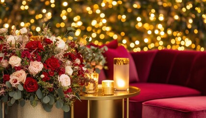 Festive Red Rose Bouquet and Cozy Velvet Seating Arrangement with Warm Candlelight and Sparkling Holiday Lights