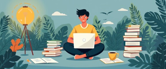 A cheerful young man sits cross-legged on a soft surface, immersed in his laptop amidst a lush, green backdrop filled with plants. The scene radiates a sense of tranquility and focus, enhanced by a