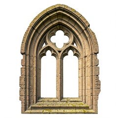 Fototapeta premium Old rustic medieval Gothic stone window, decayed and weathered, isolated on a white background