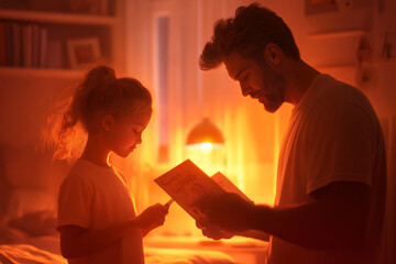 Father reading a story to his daughter in a warm, cozy bedroom during evening time