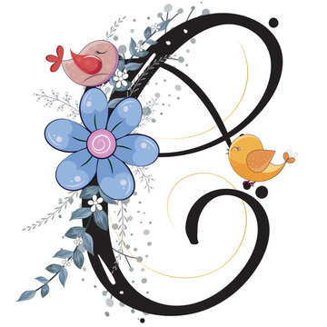 Alphabet letter C vector with flowers, birds and leaves. Ornament letters. Illustration letter C, Anniversary celebration.
