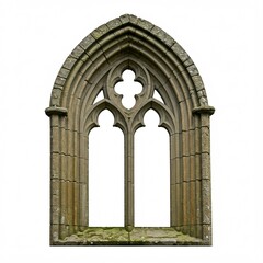 Old rustic medieval Gothic stone window, decayed and weathered, isolated on a white background