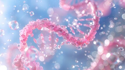 Fototapeta premium Pink DNA double helix spiral surrounded by soft light bokeh and bubbles, elegantly displayed on a blue backdrop