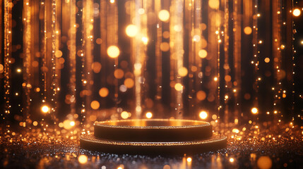 Golden pedestal against a shimmering backdrop., Golden Award Podium On A Dark Stage