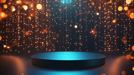 Golden pedestal against a shimmering backdrop., Golden Award Podium On A Dark Stage