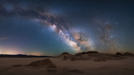 Fototapeta premium A stunning night sky view of the Milky Way Galaxy arching over a serene desert landscape.