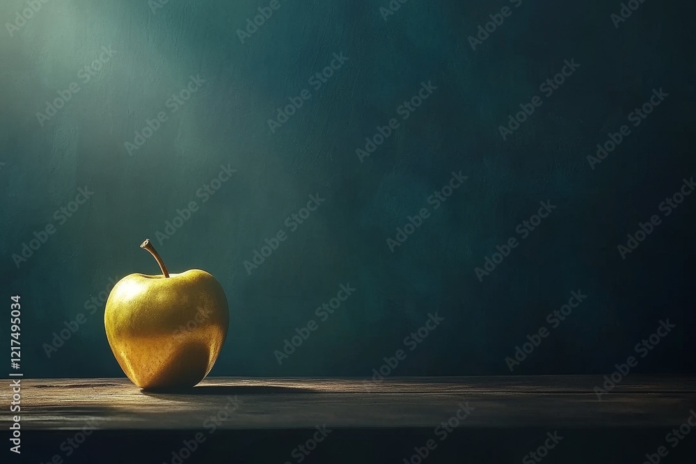 Poster bright and glossy green apple on rustic wooden table with soft light creating atmosphere in dark bac