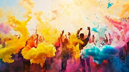 Happy people on the street in India in colored powder rejoice at the holiday, cheerful celebration of the holy festival of Holi
